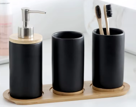 3-Piece Ceramic Bathroom Set – Soap Dispenser, Toothbrush Holder & Tumbler