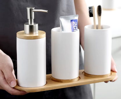 3-Piece Ceramic Bathroom Set – Soap Dispenser, Toothbrush Holder & Tumbler