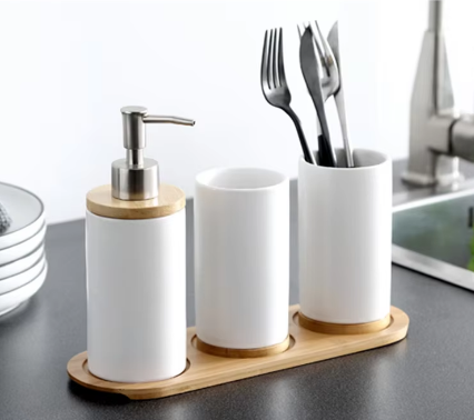 3-Piece Ceramic Bathroom Set – Soap Dispenser, Toothbrush Holder & Tumbler